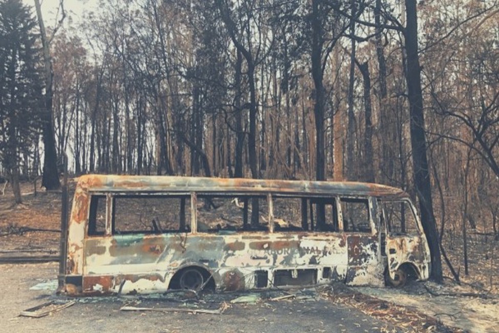 A childcare centre bus destroyed by bushfires in Mogo NSW